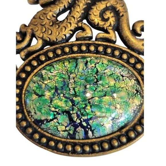 New Chico's Dragon On Faux Green Opal Pendant Brass Tone  LeatherNecklace 19" - Picture 3 of 5